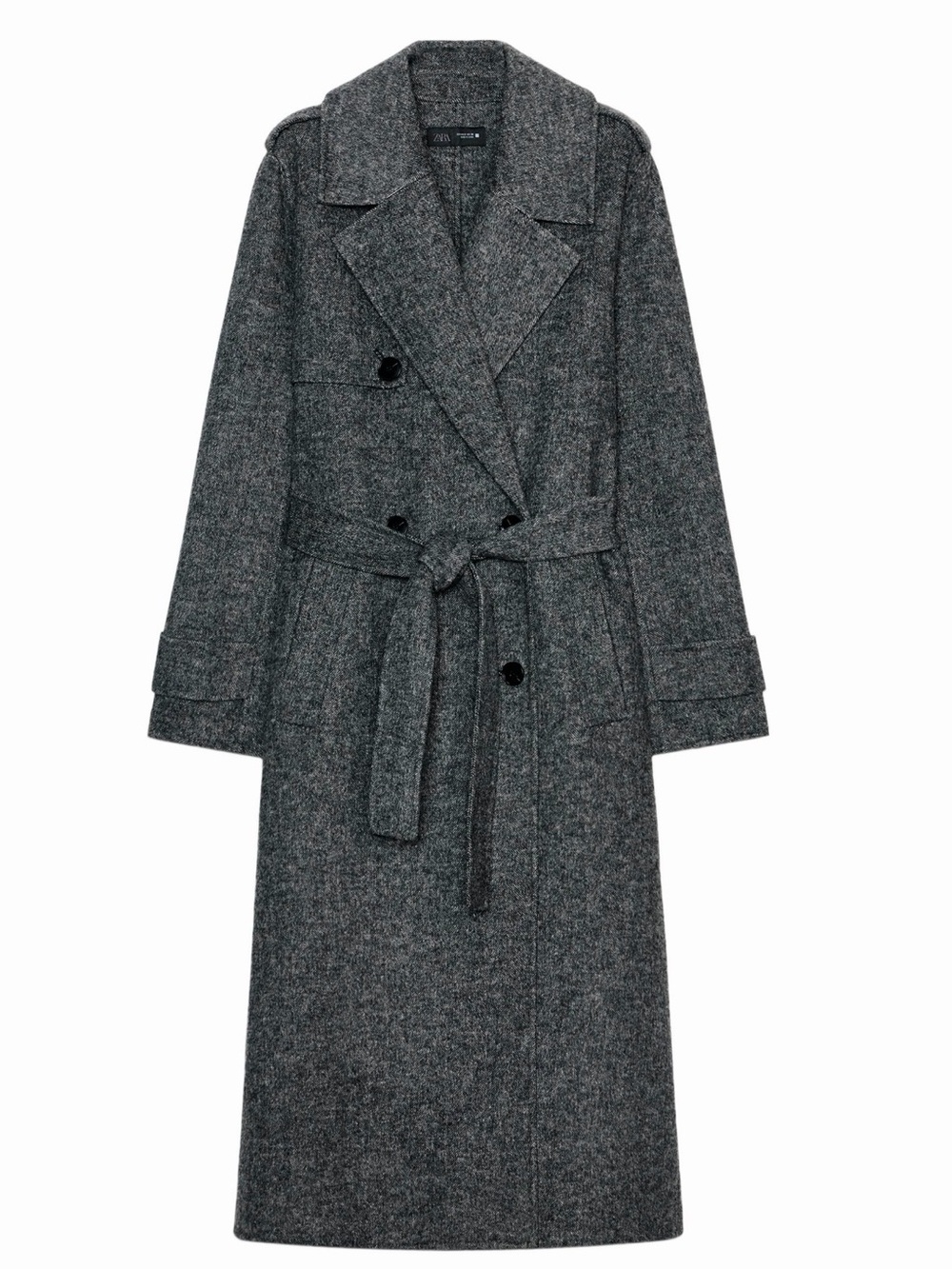 Zara Dark Gray Long Wool-Blend Trench Coat with Belt